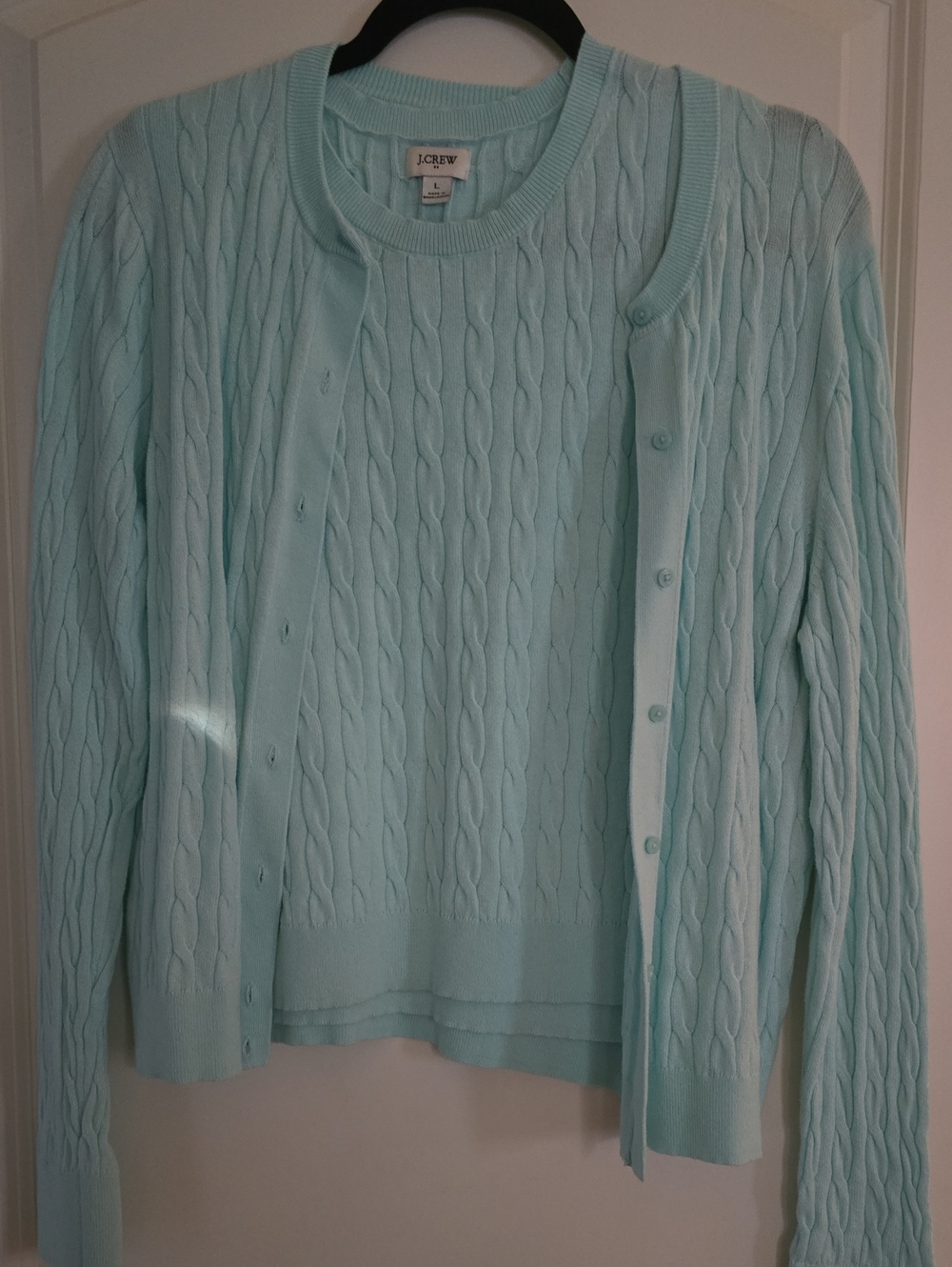 J. Crew Light Aqua Cable-Knit Crewneck Sweater and Button-Front Cardigan Set